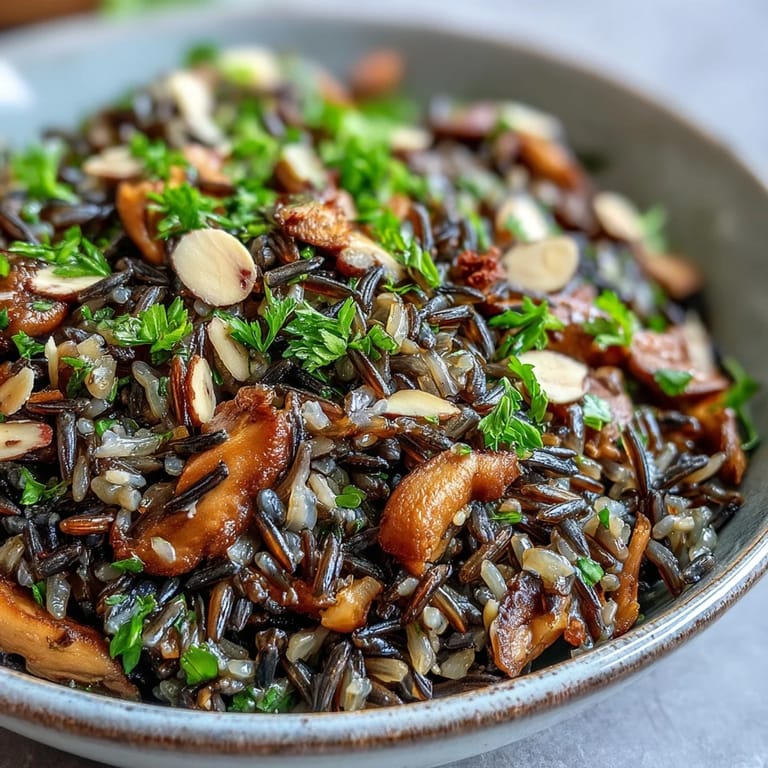 Savory wild rice and mushroom pilaf garnished with fresh parsley and toasted almonds, perfect alongside roasted chicken or turkey.