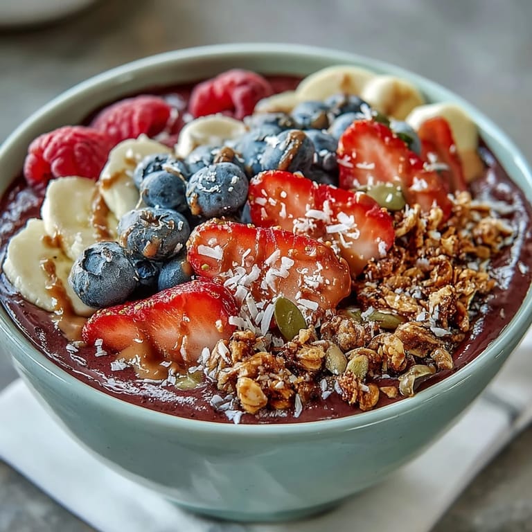 Thick Acai Berry Smoothie Bowl sprinkled with granola, seeds, and a drizzle of almond butter.
