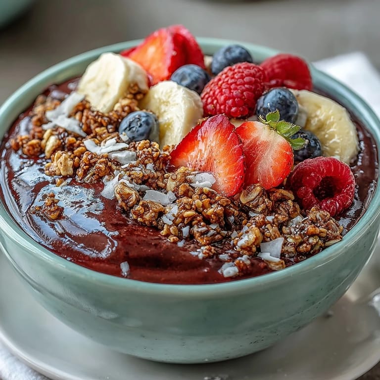 Colorful Acai Berry Smoothie Bowl served with fresh fruit and coconut flakes on a rustic table.