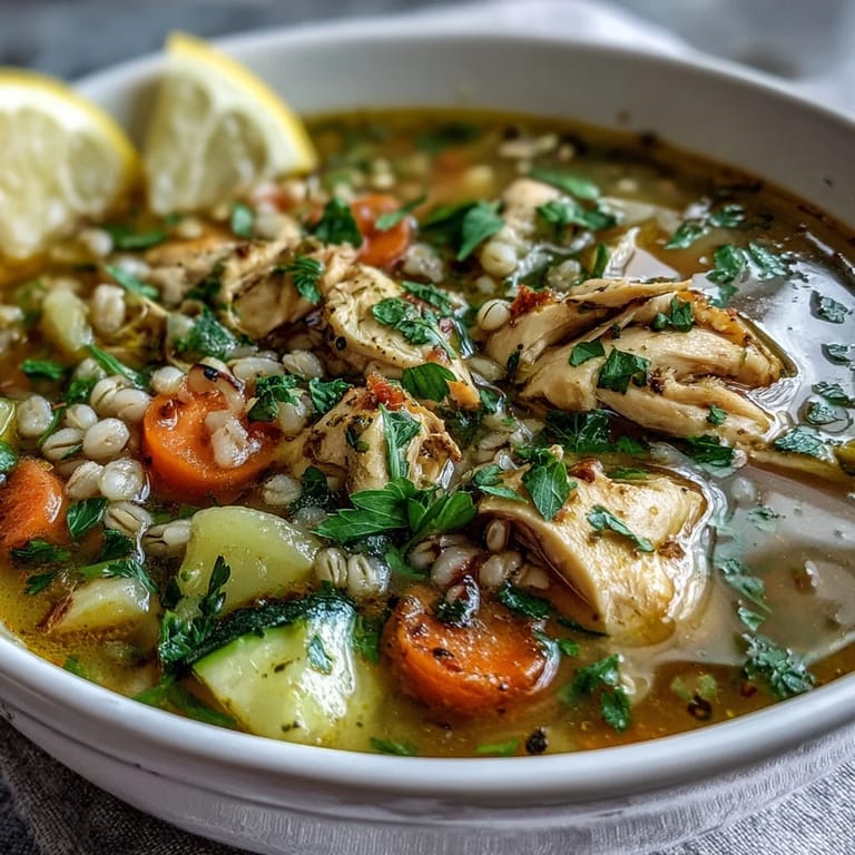 A rustic spoon lifts a serving of Soothing Turmeric Chicken With Pearl Barley, showcasing golden broth and hearty grains.