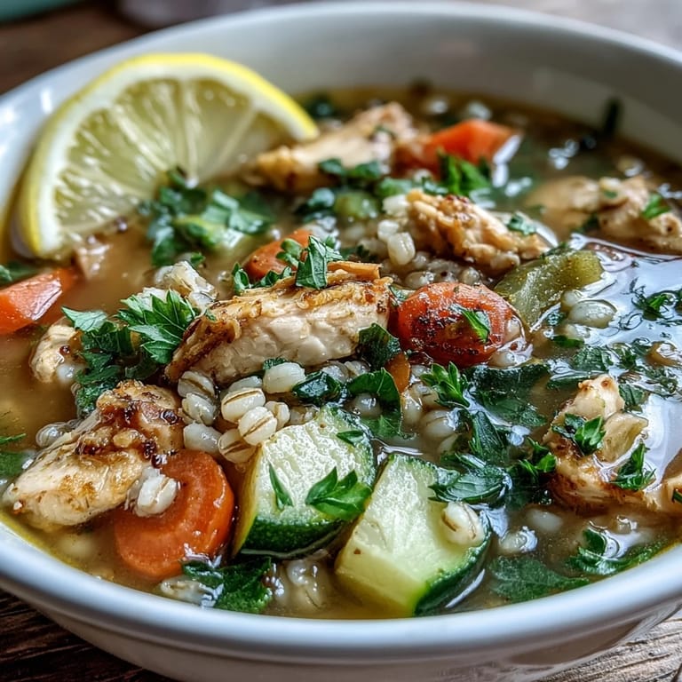 Soothing Turmeric Chicken With Pearl Barley simmering in a pot with carrots, celery, zucchini, and tender chicken pieces.