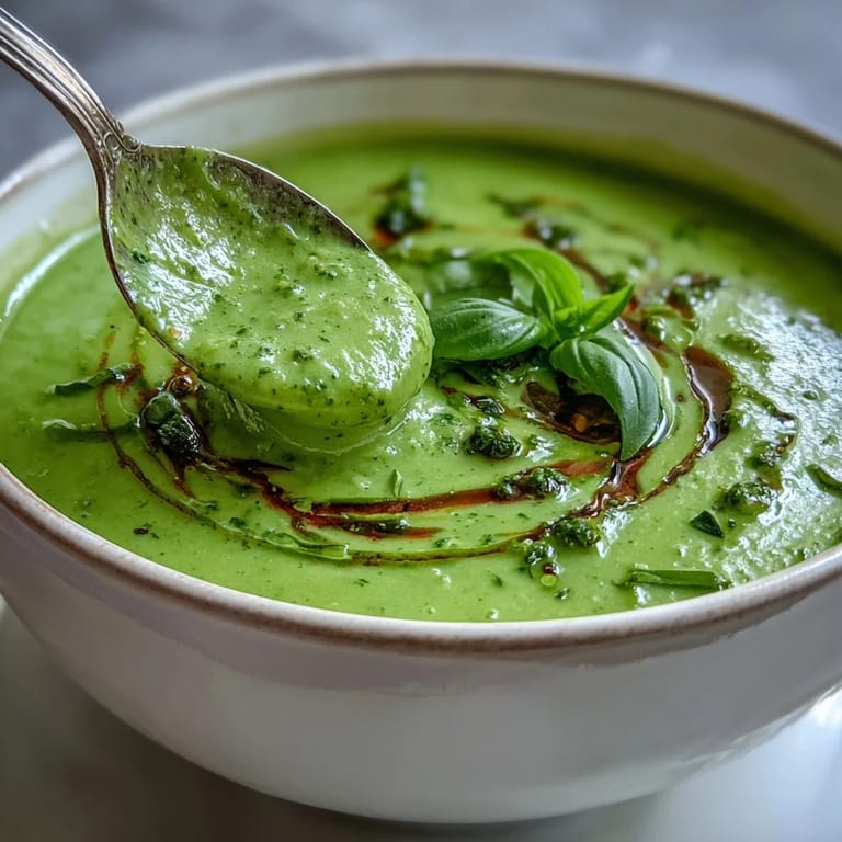 Rich green Courgette, Pea and Pesto Soup ladled into a white bowl with a swirl of pesto on top.