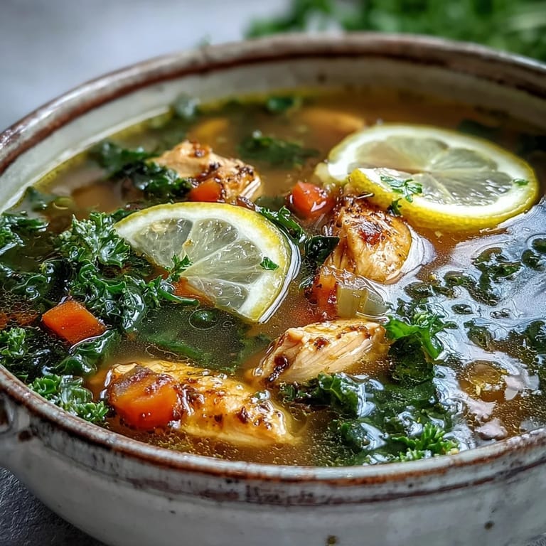 Vibrant, nourishing High Protein Lemon and Turmeric Chicken Soup in a rustic bowl, ready to enjoy with crusty gluten-free bread.
