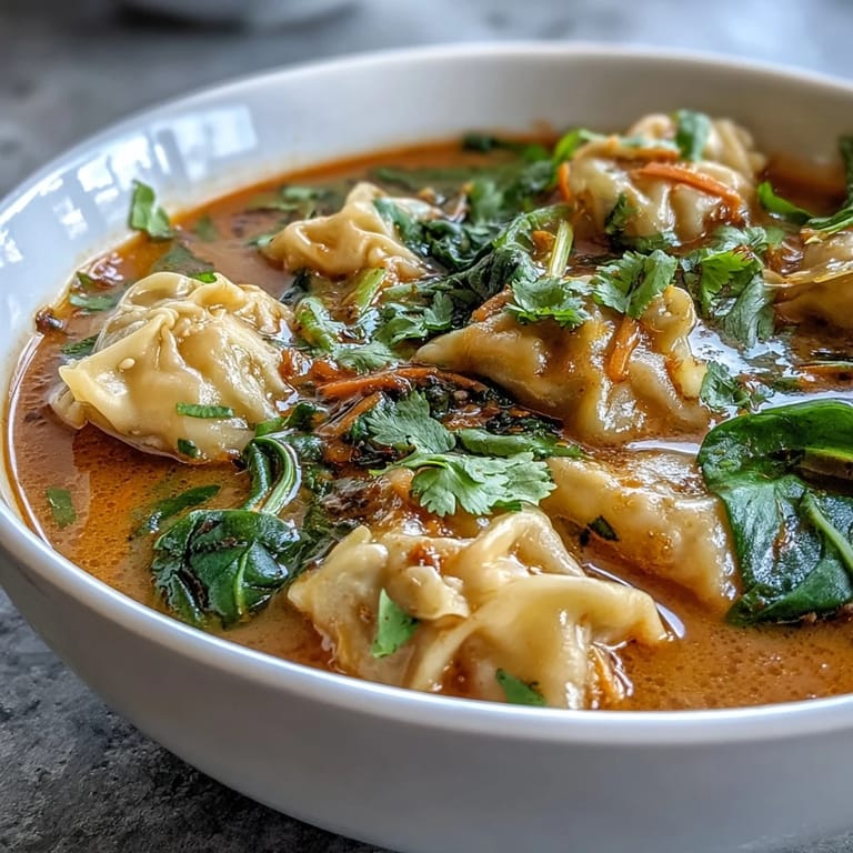 A close-up of Red Curry Wonton Soup highlights fresh cilantro garnish and tender greens floating in the aromatic broth.