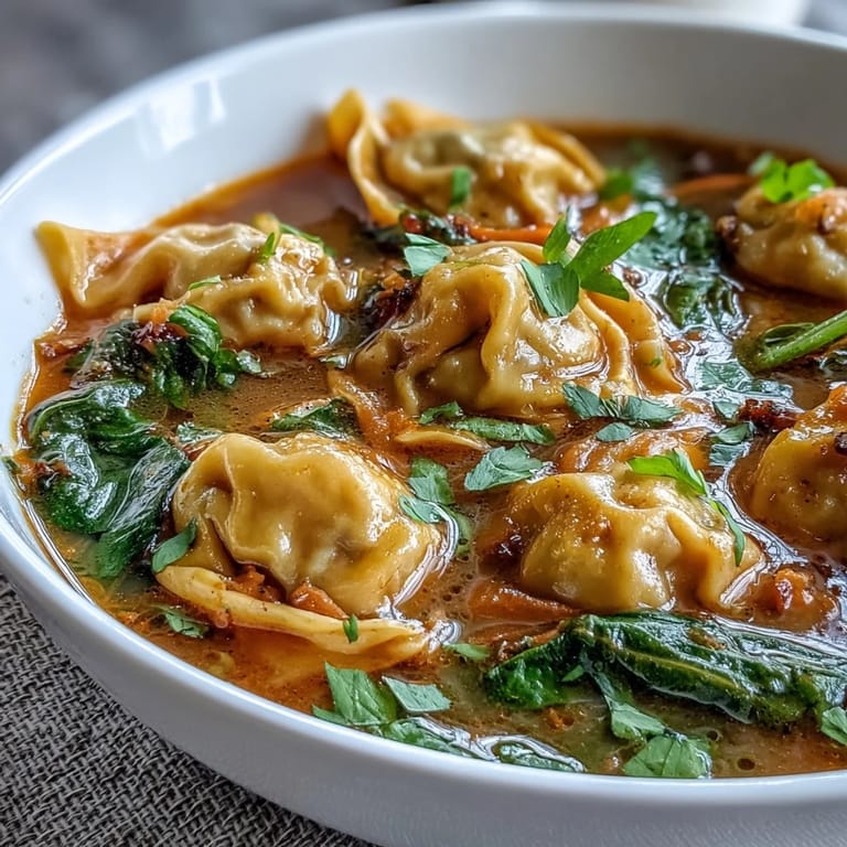 This steaming bowl of Red Curry Wonton Soup showcases bok choy and snow peas in a golden broth.