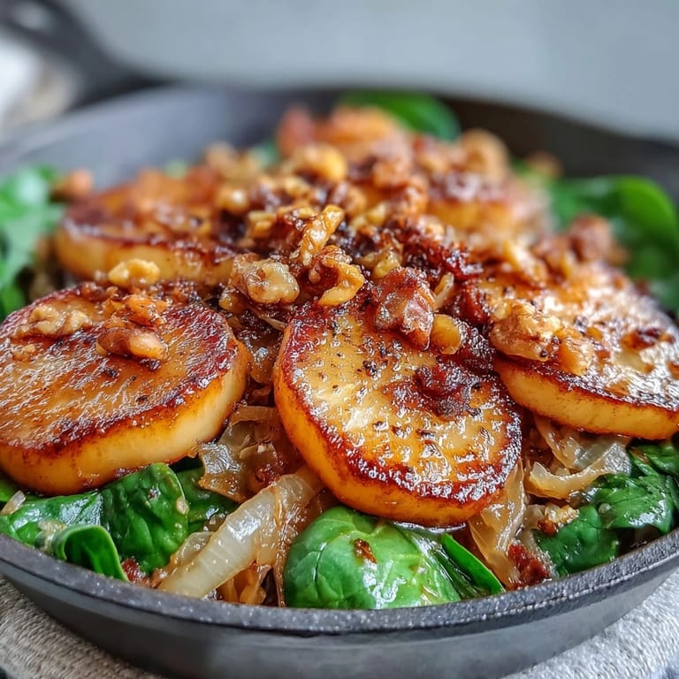 A warm skillet of Warm Apple and Sauerkraut Salad with wilted greens, ready to serve as a side dish.