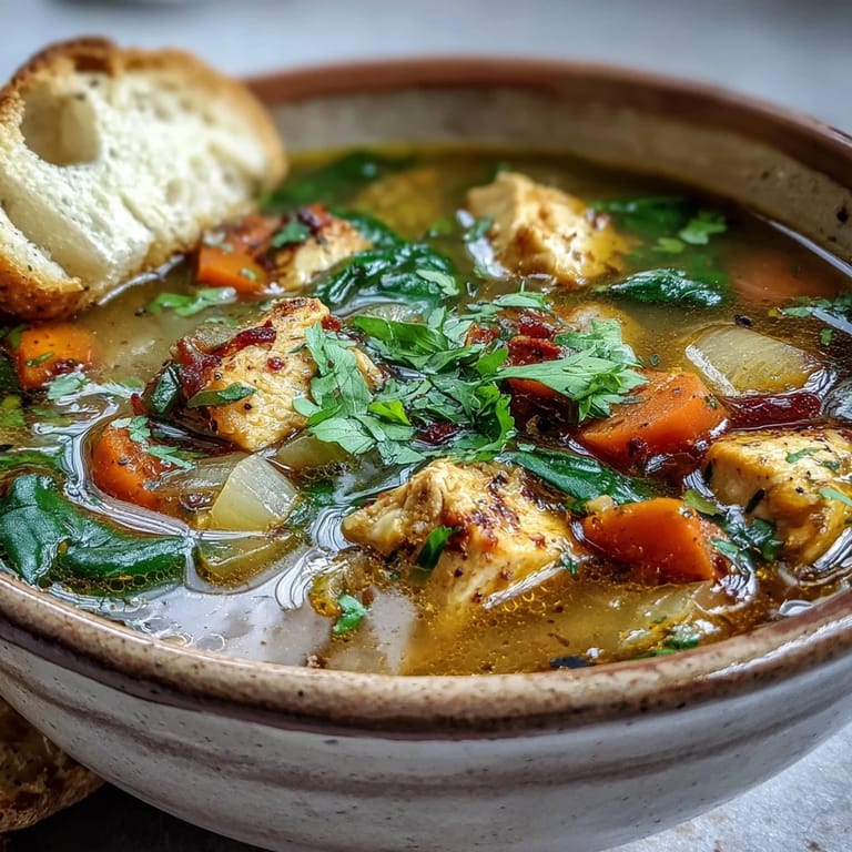 A steaming bowl of vibrant Turmeric Chicken Soup with zucchini and wilted spinach in a rustic pot.