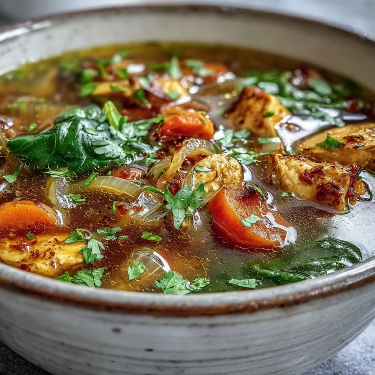 Healthy Turmeric Chicken Soup with diced chicken, carrots, and celery, served as a warming gluten-free meal.