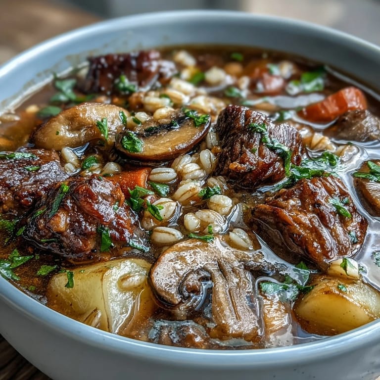 Steaming bowl of Vegetable Beef, Barley, and Mushroom Soup garnished with fresh parsley, served alongside crusty artisan bread.