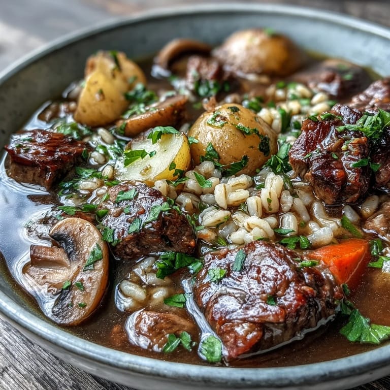 Ladle lifting rich Vegetable Beef, Barley, and Mushroom Soup, revealing savory broth with diced potatoes and herbs.