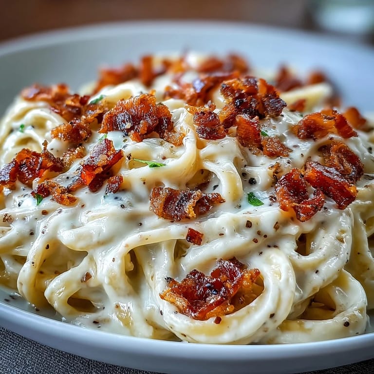 Fork twirling spiralised celeriac noodles in a creamy egg-Parmesan sauce with pancetta, perfect for gluten-free dinners.