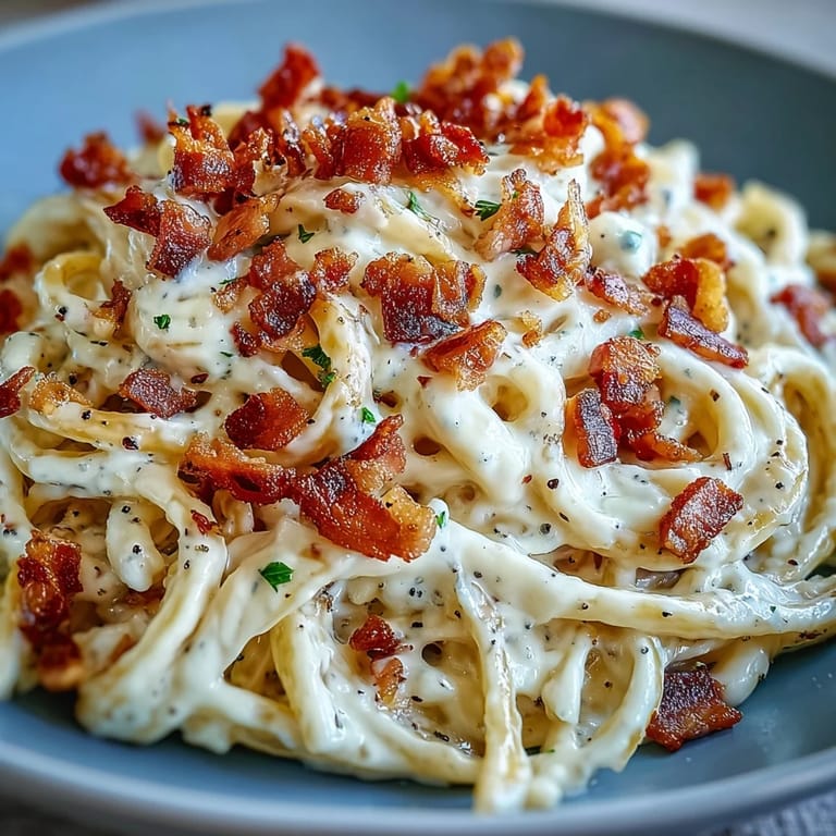 Golden pancetta and sautéed celeriac noodles tossed in a rich sauce, served hot with black pepper.