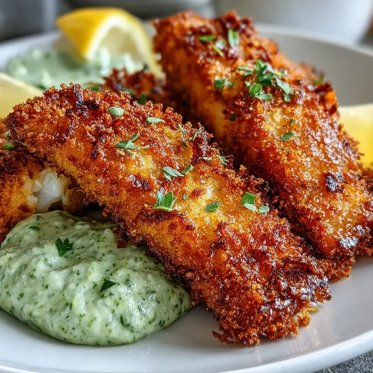Freshly baked haddock goujons on a white plate feature crispy Parmesan crusts next to creamy pea pesto dip.