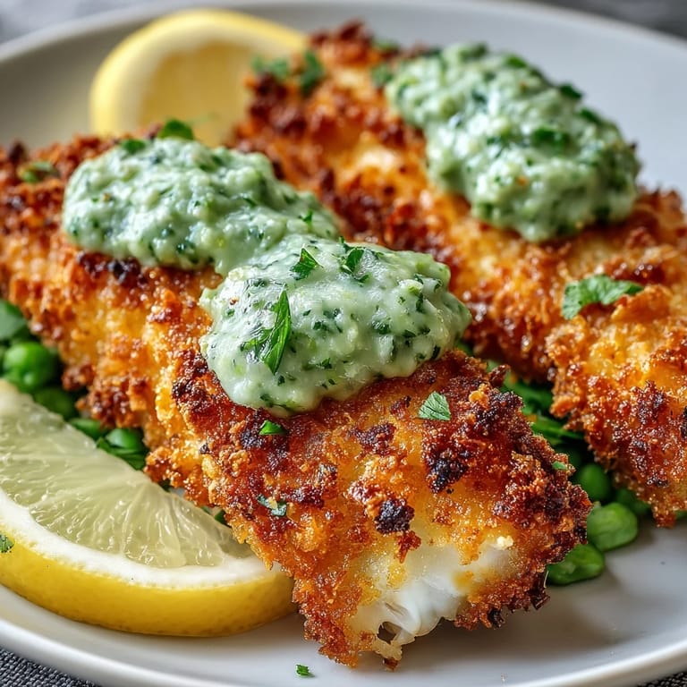 Serve these crunchy haddock goujons with vibrant pea pesto and lemon wedges for a delicious weeknight dinner.