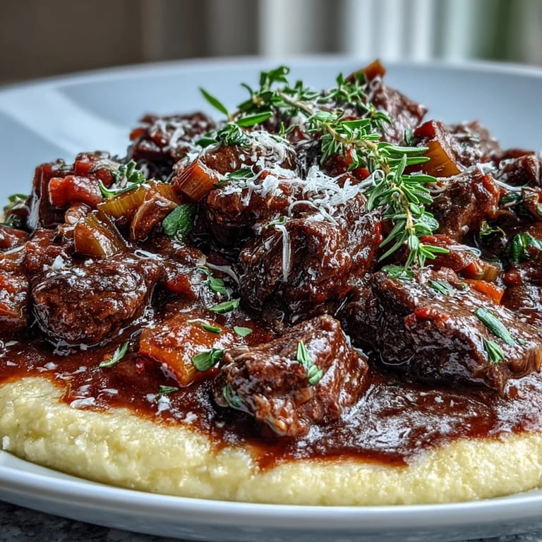 Golden polenta and rich Venison Stew with Sloe Gin garnished with fresh thyme sprigs.