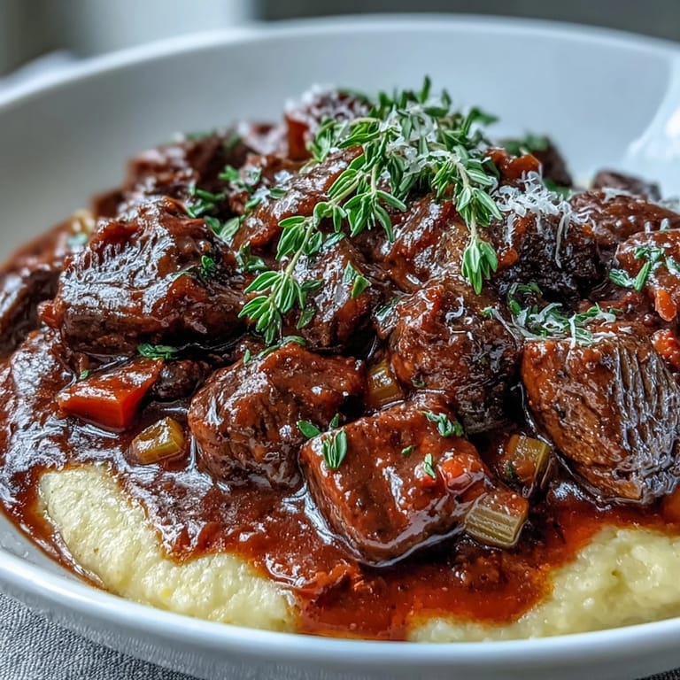 Tender venison pieces in a dark sloe gin sauce are spooned over creamy polenta.