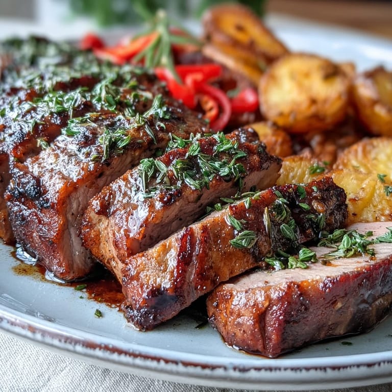 Marinated Ibérico pork fillet roasted with charred red pepper strips and herb-crusted potatoes on a rustic white platter, steam rising.
