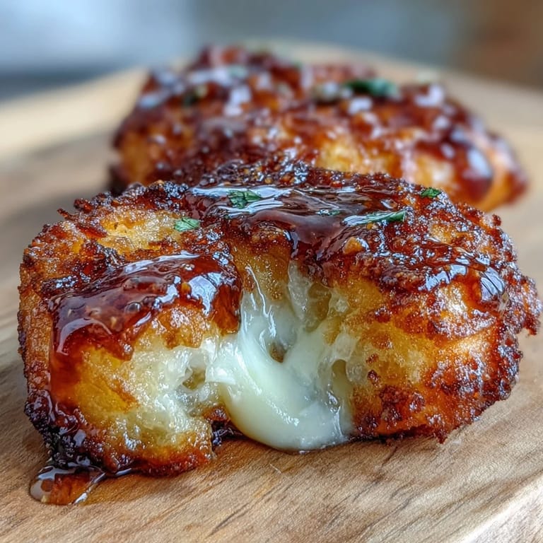 Close-up of Chīzu Imomochi drizzled with glossy soy-honey glaze, perfect for a savory Japanese appetizer.