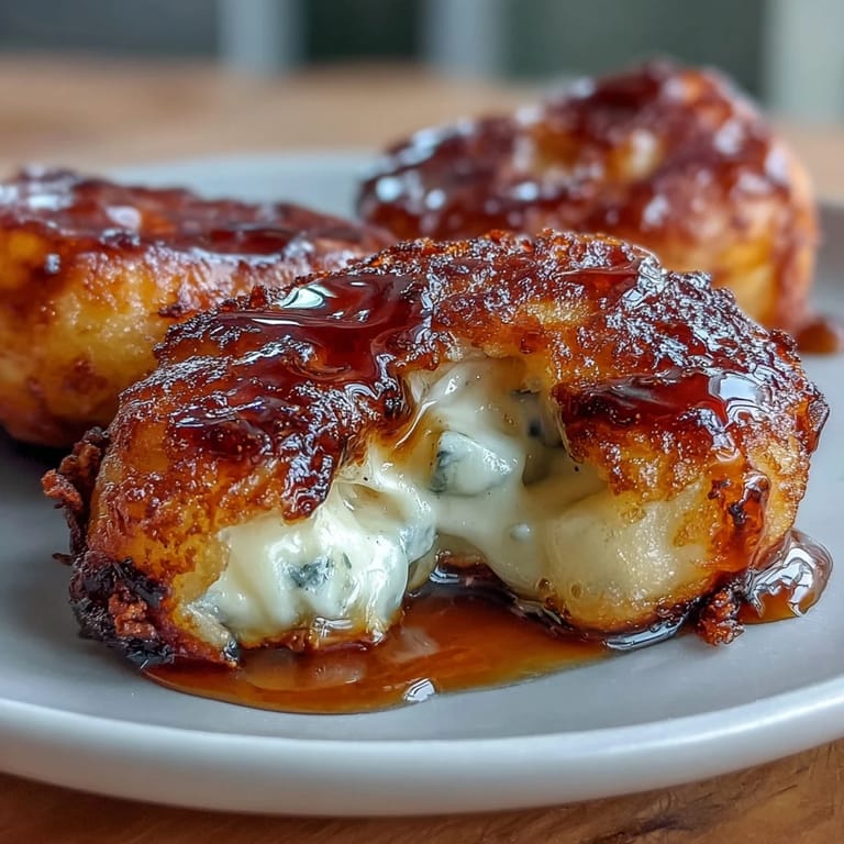 Eight pan-fried Chīzu Imomochi dumplings reveal melted mozzarella cheese oozing from a soft potato dough.