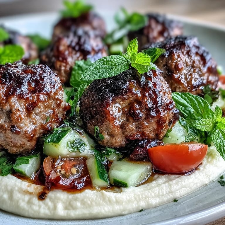 Hearty Venison Meatballs with Spiced Salad and Hummus are plated on a white dish, featuring vibrant greens and creamy dip for a balanced high-protein meal.