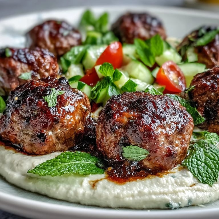 Freshly cooked Venison Meatballs with Spiced Salad and Hummus arranged family-style, ready to serve with warm pita wedges and a sprinkle of fresh herbs.