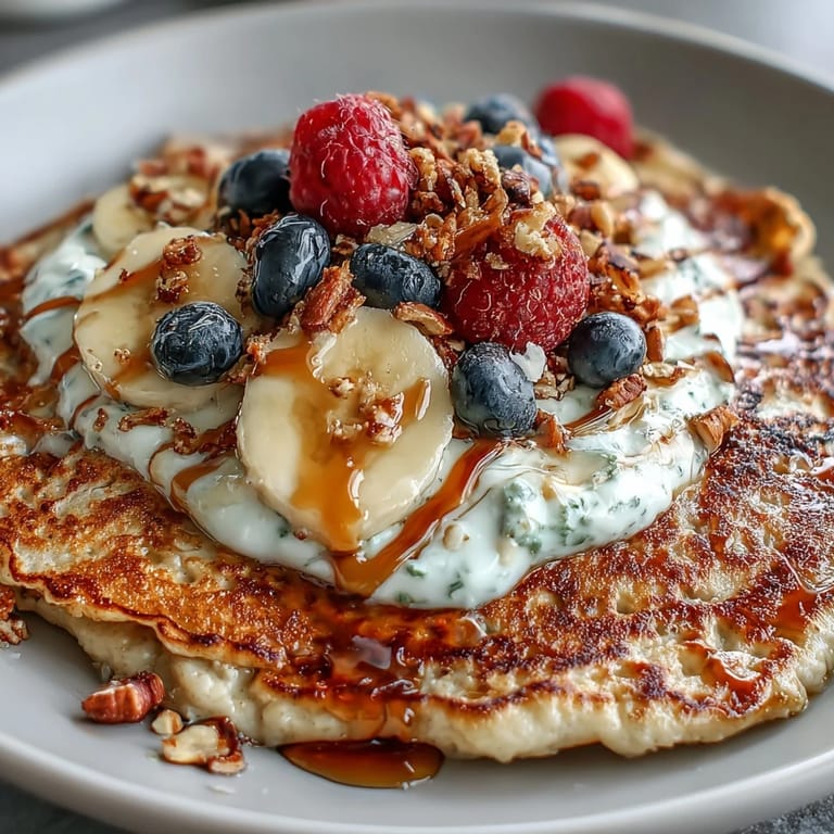 Close up on a Protein Pancake Bowl revealing a thick fluffy pancake chunk topped with smooth yogurt, vibrant strawberries, and a sweet honey drizzle.