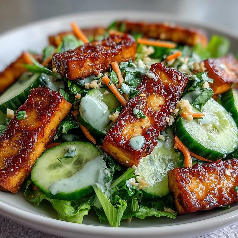 Chilled Creamy Asian Cucumber Salad with Crispy Tofu drizzled with sesame ginger dressing