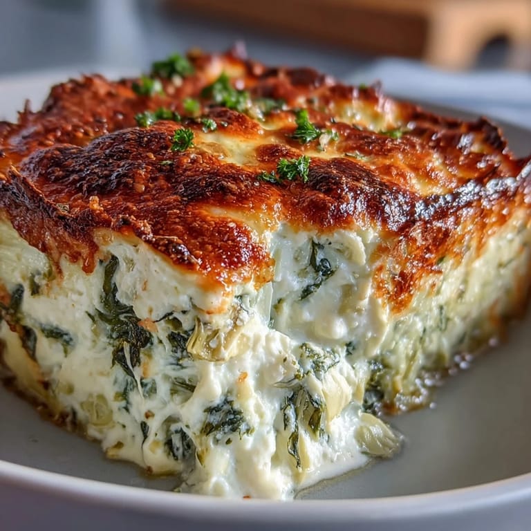 Overhead view of High Protein Spinach Artichoke Bake, a protein-packed dinner with spinach and artichokes ready for easy meal prep.