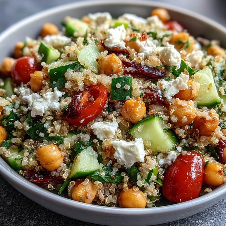 Overhead view of a fresh Mediterranean-inspired High Protein Quinoa & Chickpea Salad topped with crumbled feta.
