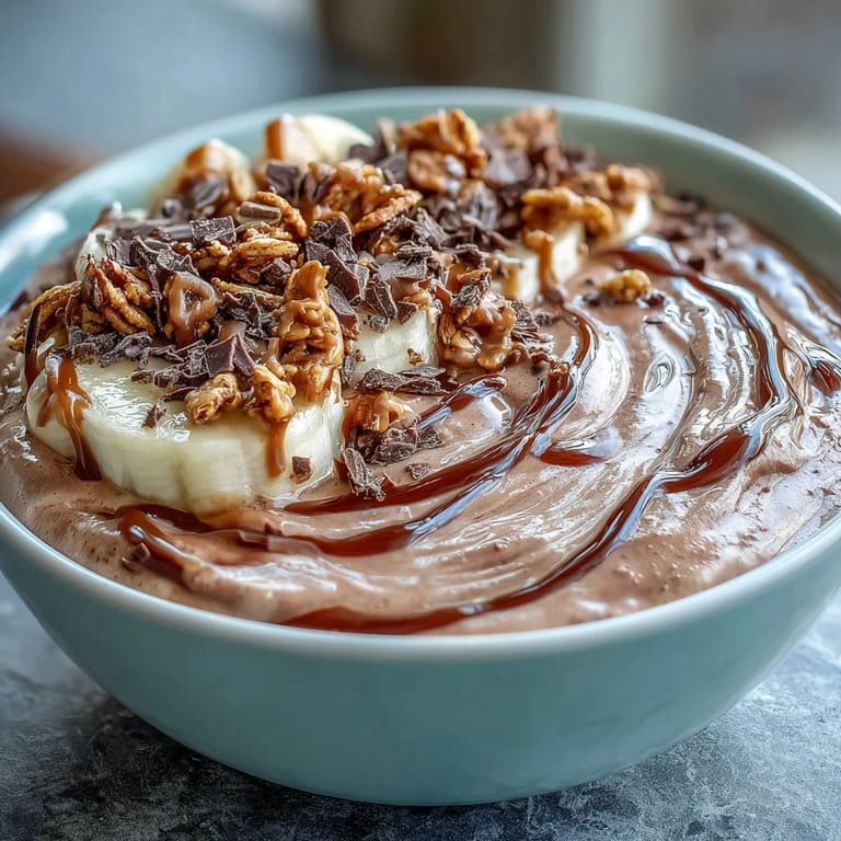 A thick, frosty chocolate peanut butter smoothie bowl served in a bowl with extra peanut butter drizzle.