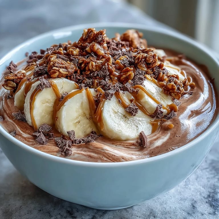 Nutty, sweet chocolate peanut butter smoothie bowl garnished with fresh banana and granola, ready to enjoy.