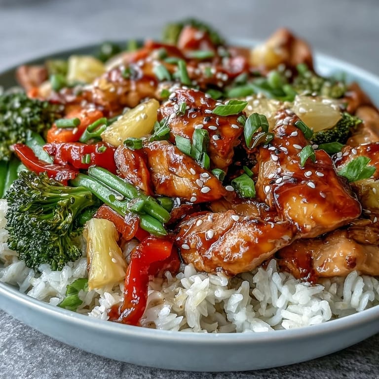 Easy Japanese-American teriyaki chicken and rice bowl served with pineapple and sesame seeds.