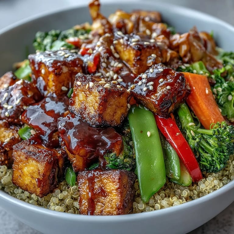 The Quinoa Vegetable Teriyaki Bowl showcases glossy teriyaki sauce drizzled over broccoli, bell peppers, and snap peas.  