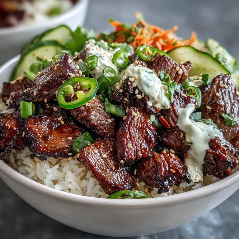 Sizzling beef in a hot skillet for Korean Power Bowl, paired with fluffy rice and colorful toppings for a weeknight meal.