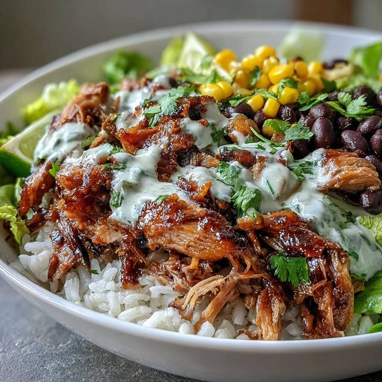 Assemble a colorful Carnitas Burrito Bowl with shredded pork, warm rice, black beans, and tangy salsa for a satisfying weeknight dinner.