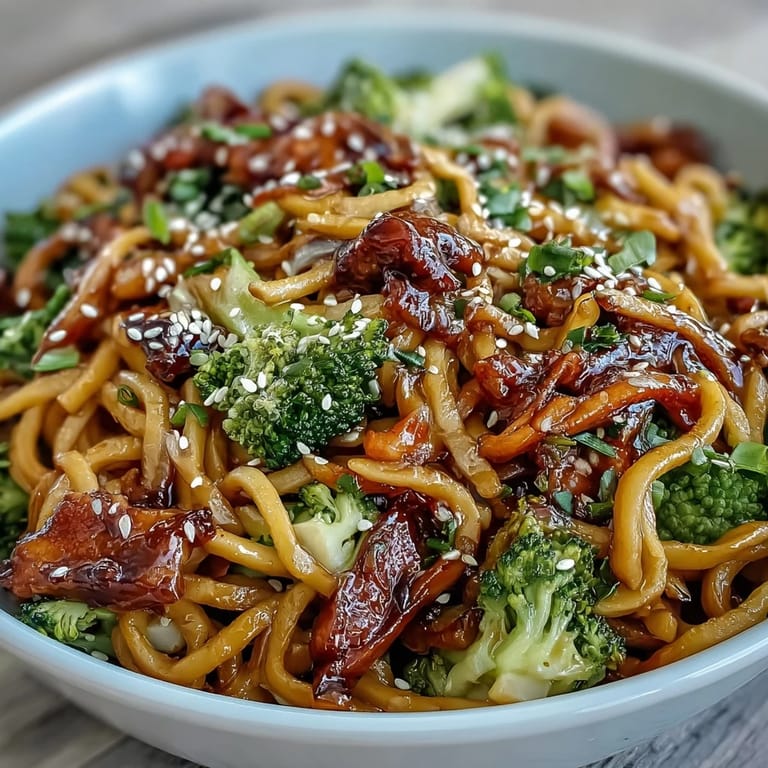 A colorful noodle bowl with sautéed vegetables, rich teriyaki sauce, and a sprinkle of green onions for a quick meal.