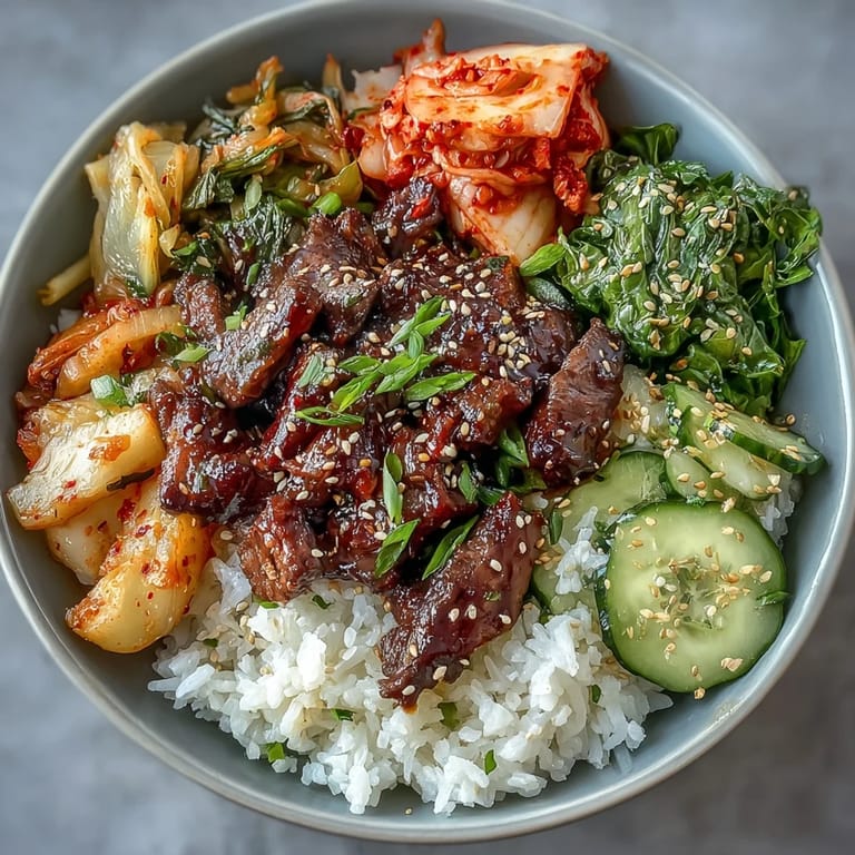 Flavorful Korean Beef Bowl with tender beef in gochujang sauce, quick-pickled vegetables, and sesame seeds on a bed of rice.