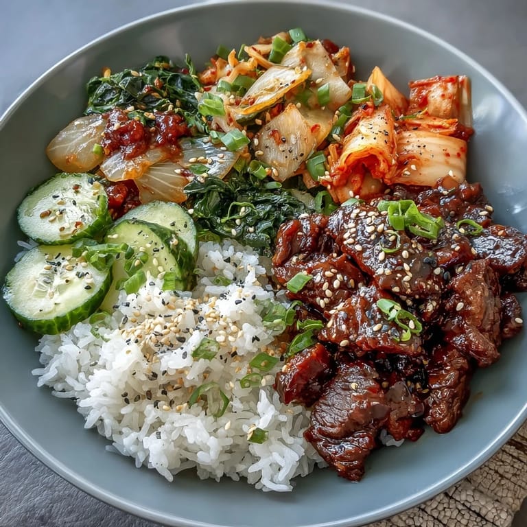 Vibrant Korean Beef Bowl featuring seasoned beef in spicy gochujang sauce, topped with crisp cucumber, radish, and tangy kimchi.  