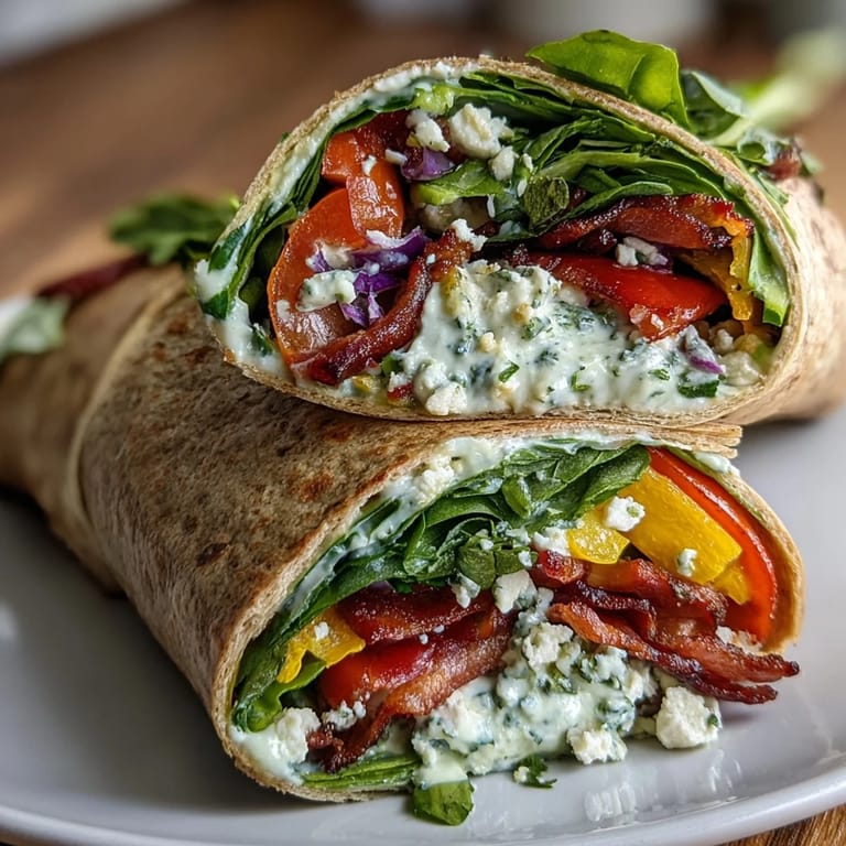 Healthy rainbow veggie wraps with layers of purple cabbage, cucumber, and creamy hummus, perfect for a portable lunch.