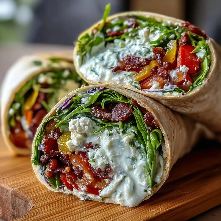 Vibrant whole wheat wraps filled with crisp red and yellow peppers, julienned carrots, and leafy greens for a nourishing meal.