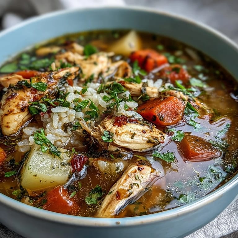 Hearty one-pot chicken and rice soup featuring juicy chicken, vibrant carrots, and celery in a rich, comforting broth.