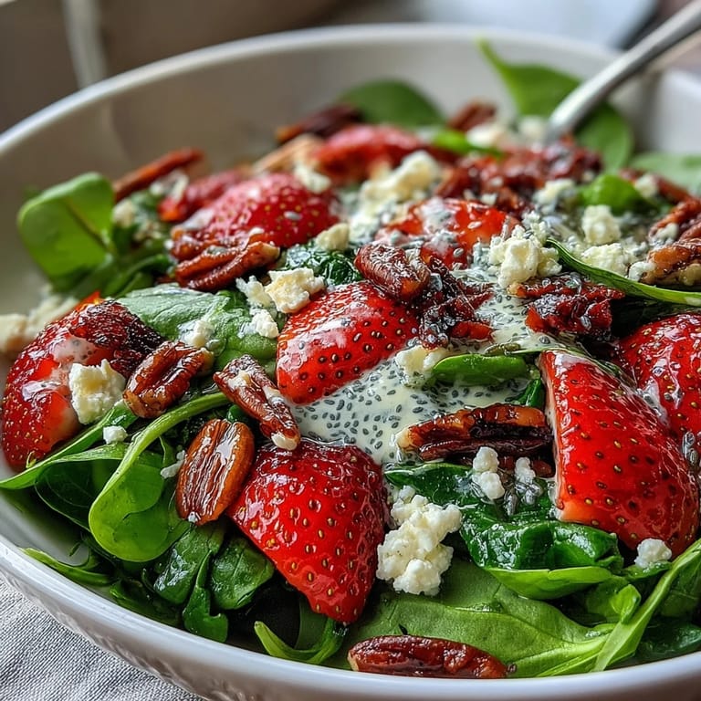 Vibrant spinach salad topped with sweet strawberries, creamy feta, and a tangy poppyseed dressing for a refreshing bite.