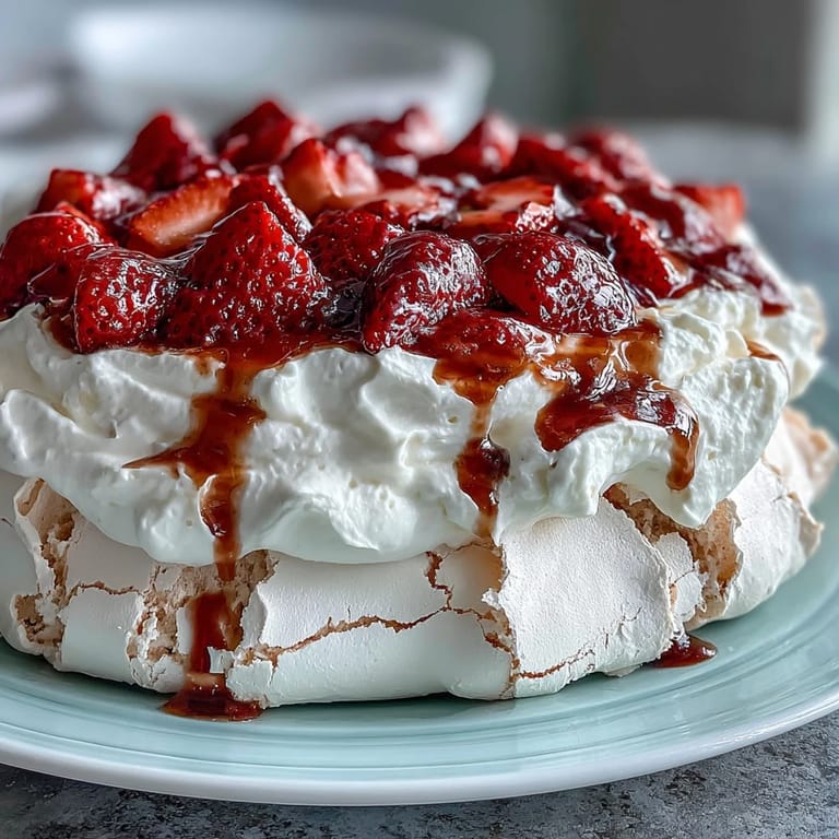 Beautiful strawberry pavlova topped with clouds of vanilla whipped cream and ripe berries, a delightful gluten-free treat.