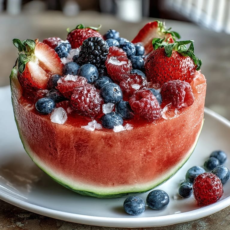 Colorful watermelon boat filled with berries and pineapple chunks, a refreshing centerpiece for parties or brunches.  