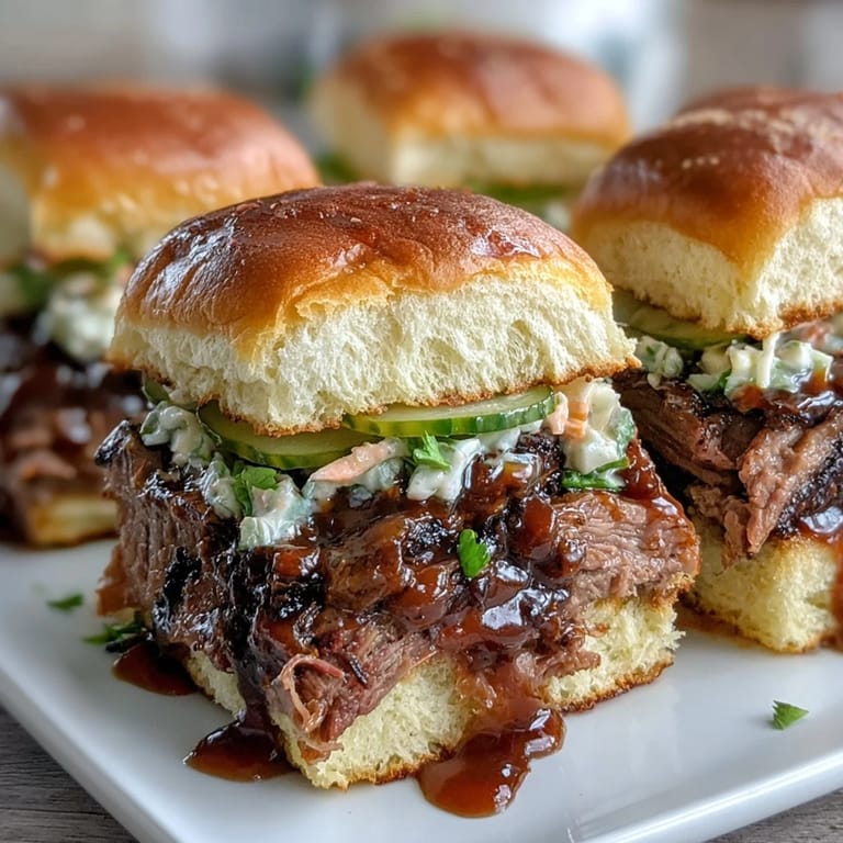 Tender beef brisket piled high on slider buns, topped with crunchy slaw and sweet BBQ sauce for a satisfying bite.  