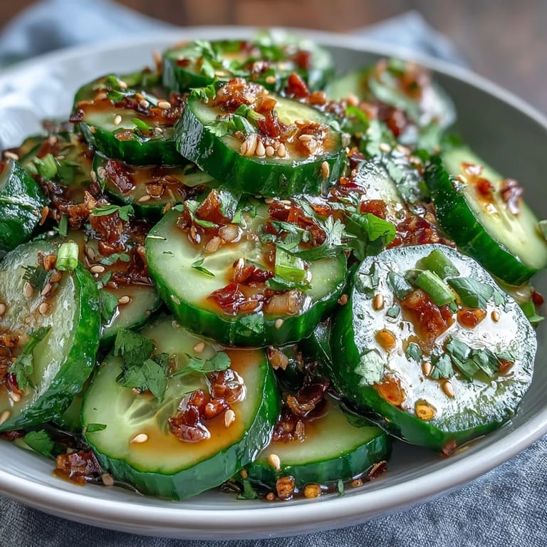 Asian Cucumber Salad with Sesame and Rice Vinegar: Thinly sliced cucumbers tossed in zesty rice vinegar and sesame oil, accented with fresh cilantro and a hint of chili flakes.