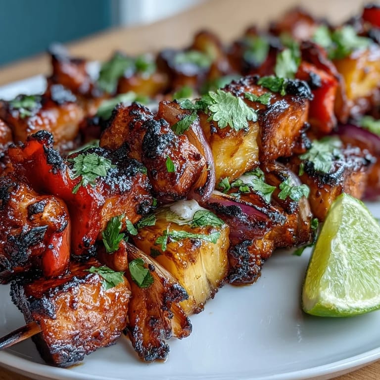 Colorful Grilled Pineapple Chicken Skewers featuring tender chicken, juicy pineapple, and vibrant veggies, ideal for outdoor dining.
