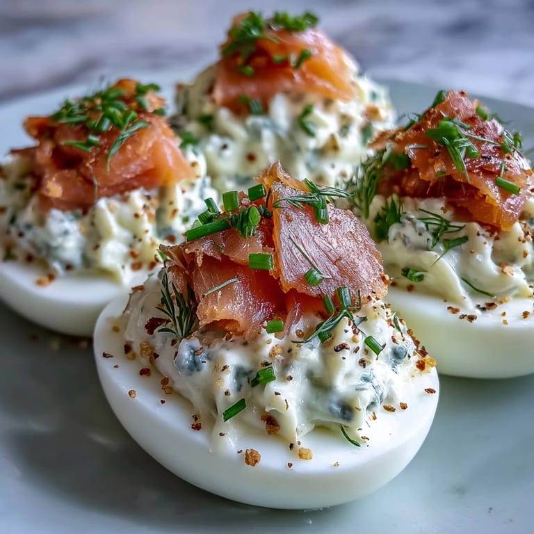 Elegant appetizer of deviled eggs infused with smoked salmon, garnished with zesty everything seasoning and fresh chives for a brunch favorite.