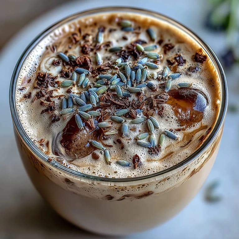 Floral lavender latte made with creamy oat milk, espresso, and homemade lavender syrup—perfect for a dairy-free coffee break.