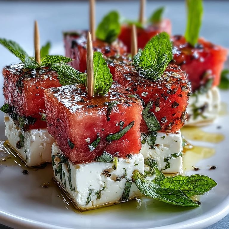 Vibrant appetizer skewers featuring sweet watermelon, salty feta, and fresh mint, drizzled with olive oil and balsamic glaze.  